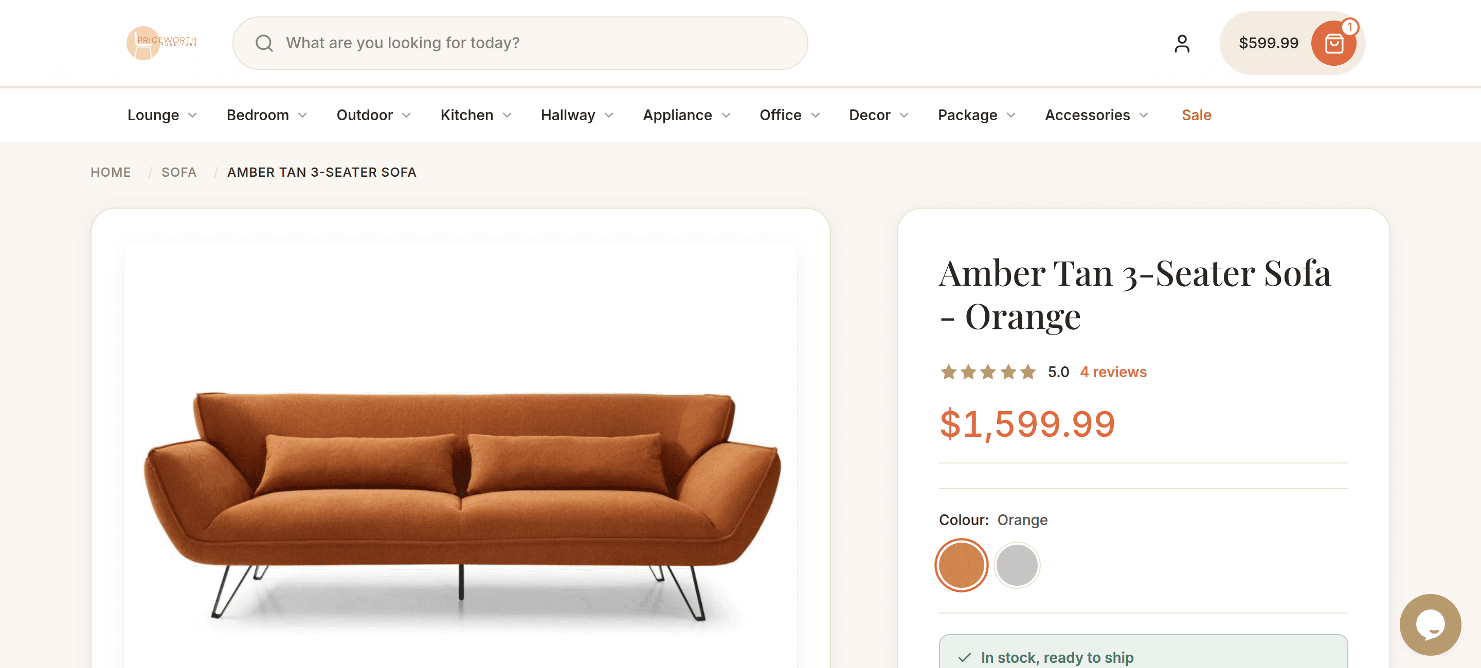 A Priceworth Furniture product page, with options and payment choices
